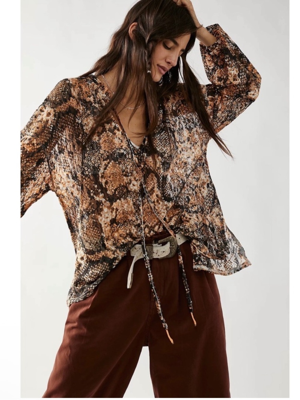 NWT Free People Oversized XS Out For The Night Top Sheer Lace Snake Animal Print